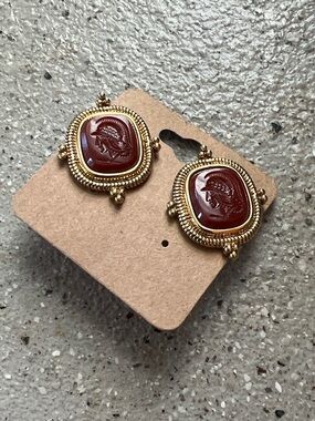Vintage Gold-Trim Red Cameo Stud clip on  Earrings